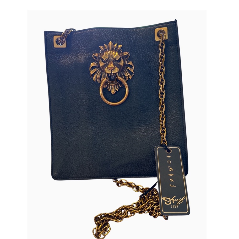 Sharif‎ 1827 Black Pebbled Leather Lions Gate  Crossbody Bag Gold Chain Strap